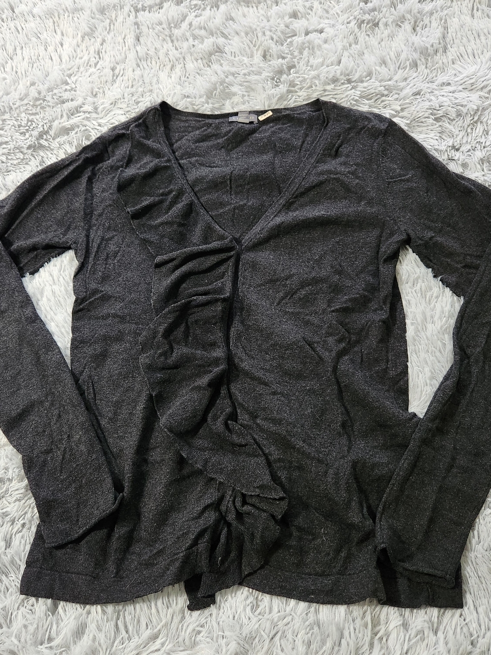 Lilla P Charcoal Gray Ruffle V-Neck Cardigan Sweater